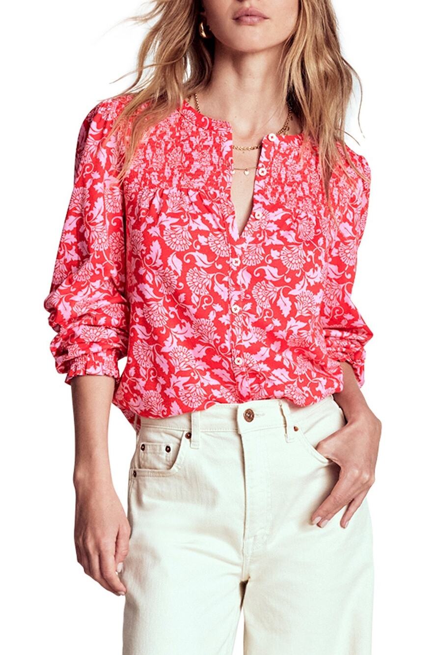Boden Elsa Smocked Yoke Cotton Pink Floral Cotton Blend Top US 4